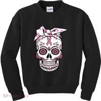 Halloween Breast Cancer Awareness Ribbon Skull Skeleton Kids Sweatshirt thumb 0