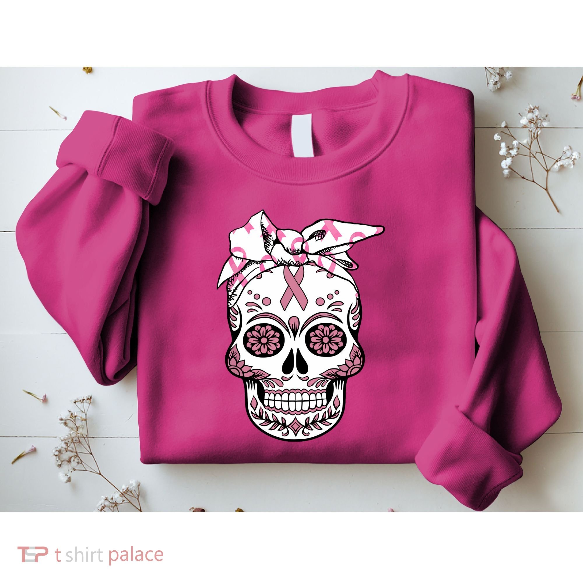 Halloween Breast Cancer Awareness Ribbon Skull Skeleton Sweatshirt