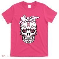 Halloween Breast Cancer Awareness Ribbon Skull Skeleton T-Shirt thumb 0