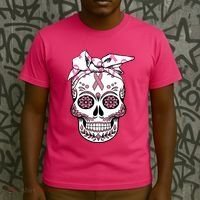 Halloween Breast Cancer Awareness Ribbon Skull Skeleton T-Shirt thumb 3