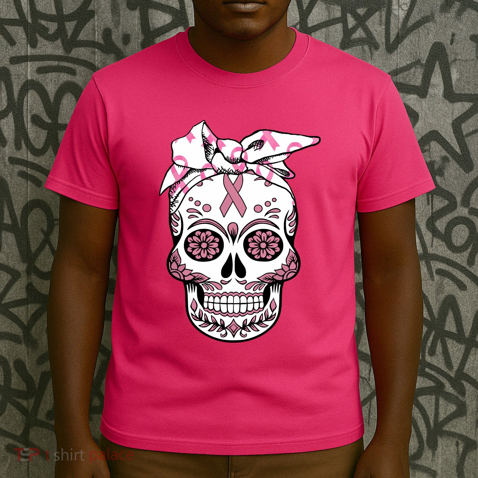 Halloween Breast Cancer Awareness Ribbon Skull Skeleton T-Shirt
