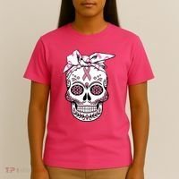 Halloween Breast Cancer Awareness Ribbon Skull Skeleton T-Shirt thumb 4