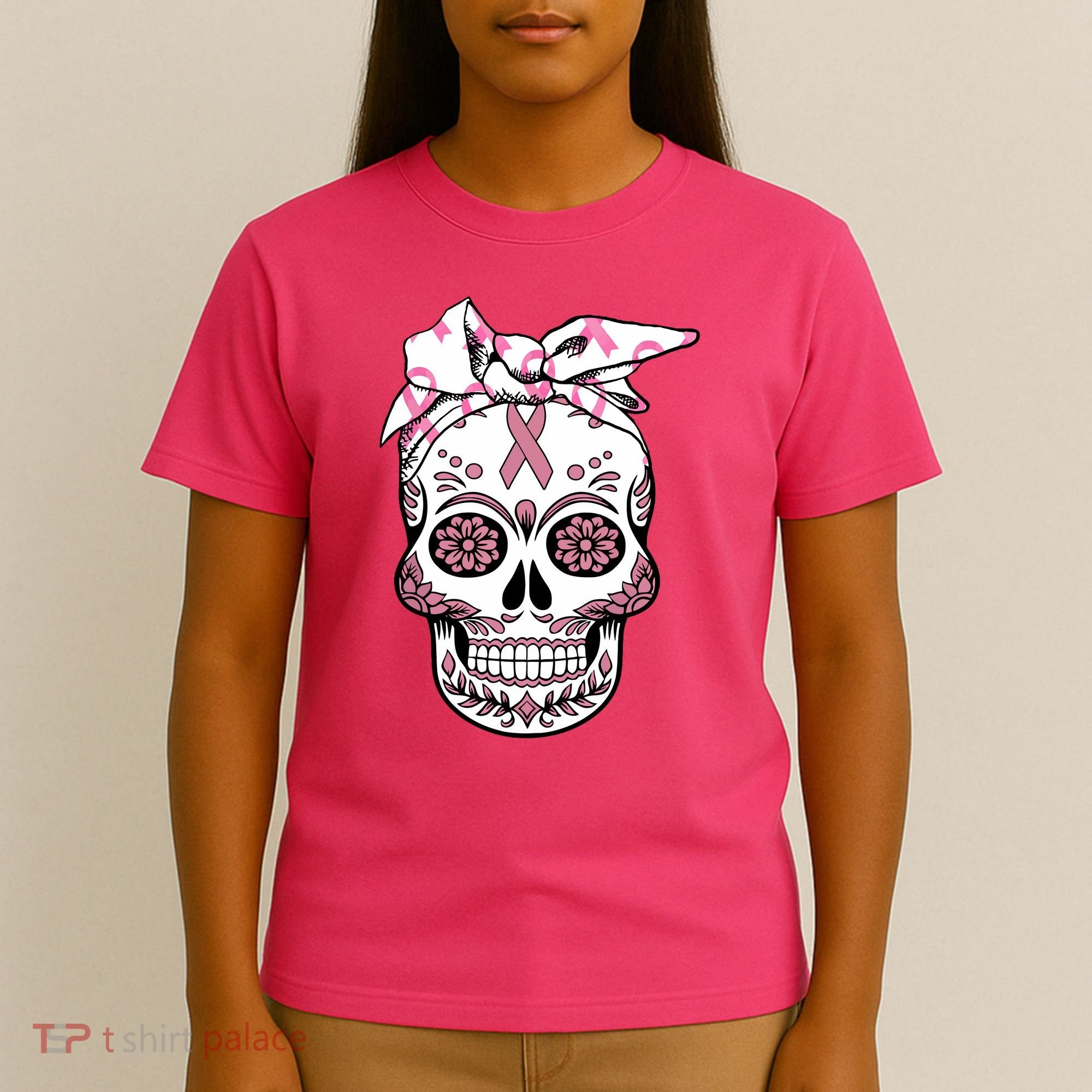 Halloween Breast Cancer Awareness Ribbon Skull Skeleton T-Shirt