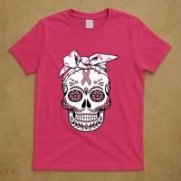 Halloween Breast Cancer Awareness Ribbon Skull Skeleton T-Shirt thumb 5
