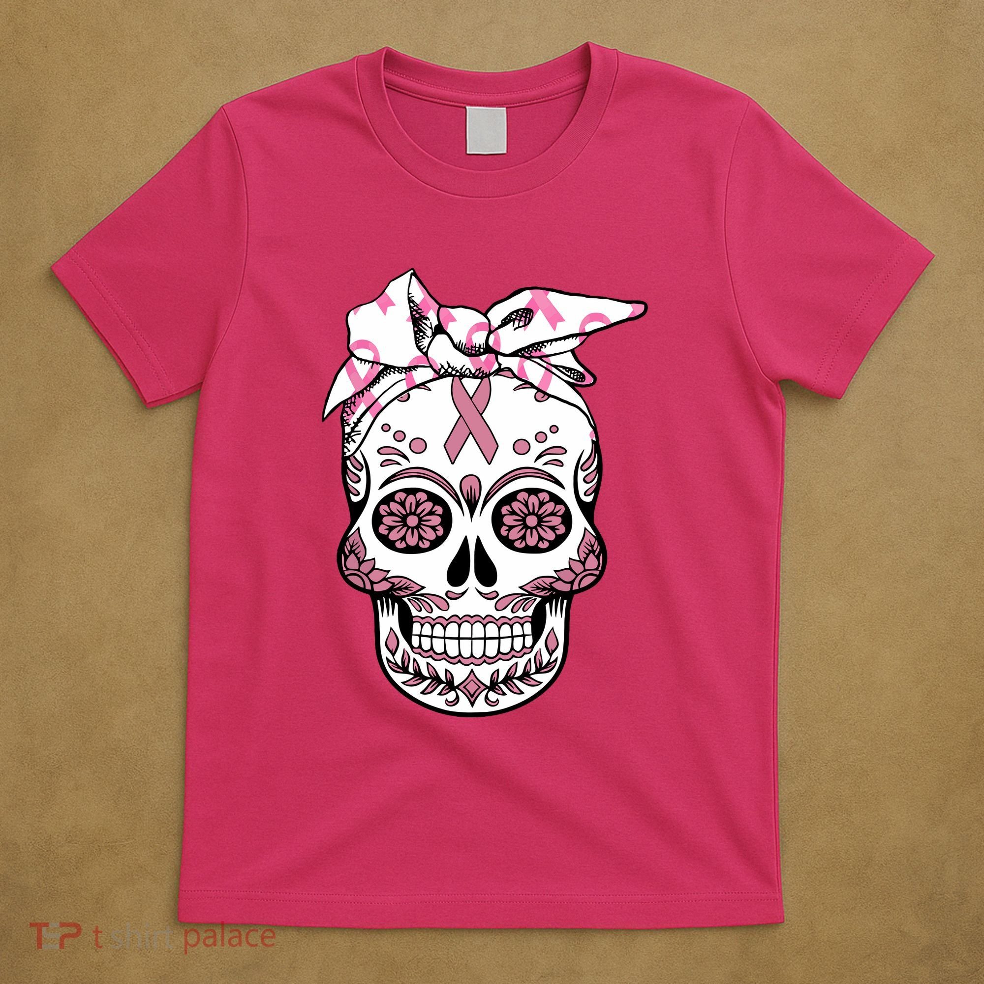 Halloween Breast Cancer Awareness Ribbon Skull Skeleton T-Shirt