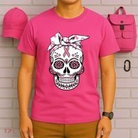 Halloween Breast Cancer Awareness Ribbon Skull Skeleton T-Shirt thumb 6