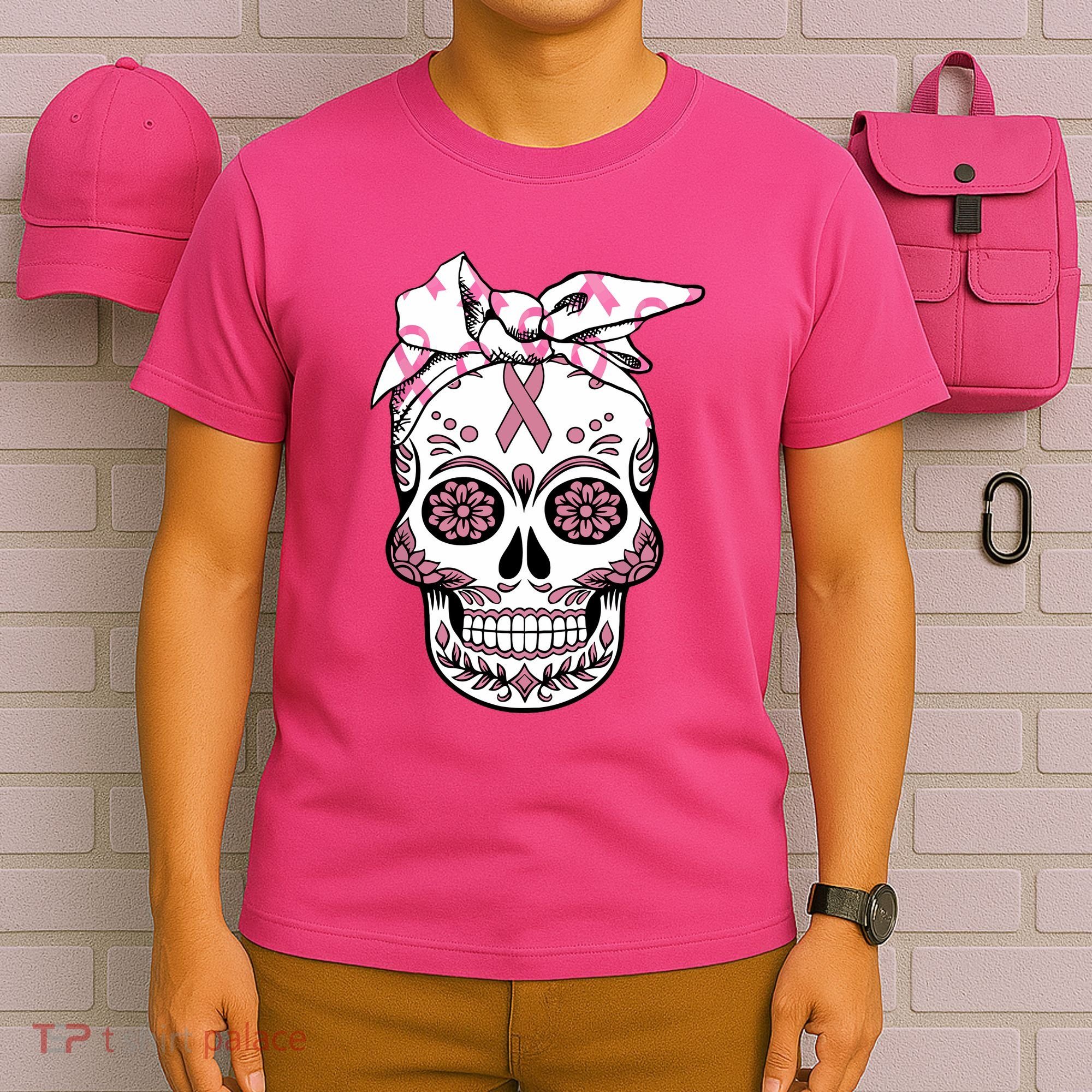Halloween Breast Cancer Awareness Ribbon Skull Skeleton T-Shirt