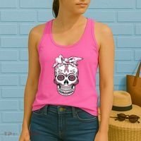 Halloween Breast Cancer Awareness Ribbon Skull Skeleton Women's Tank Top thumb 2