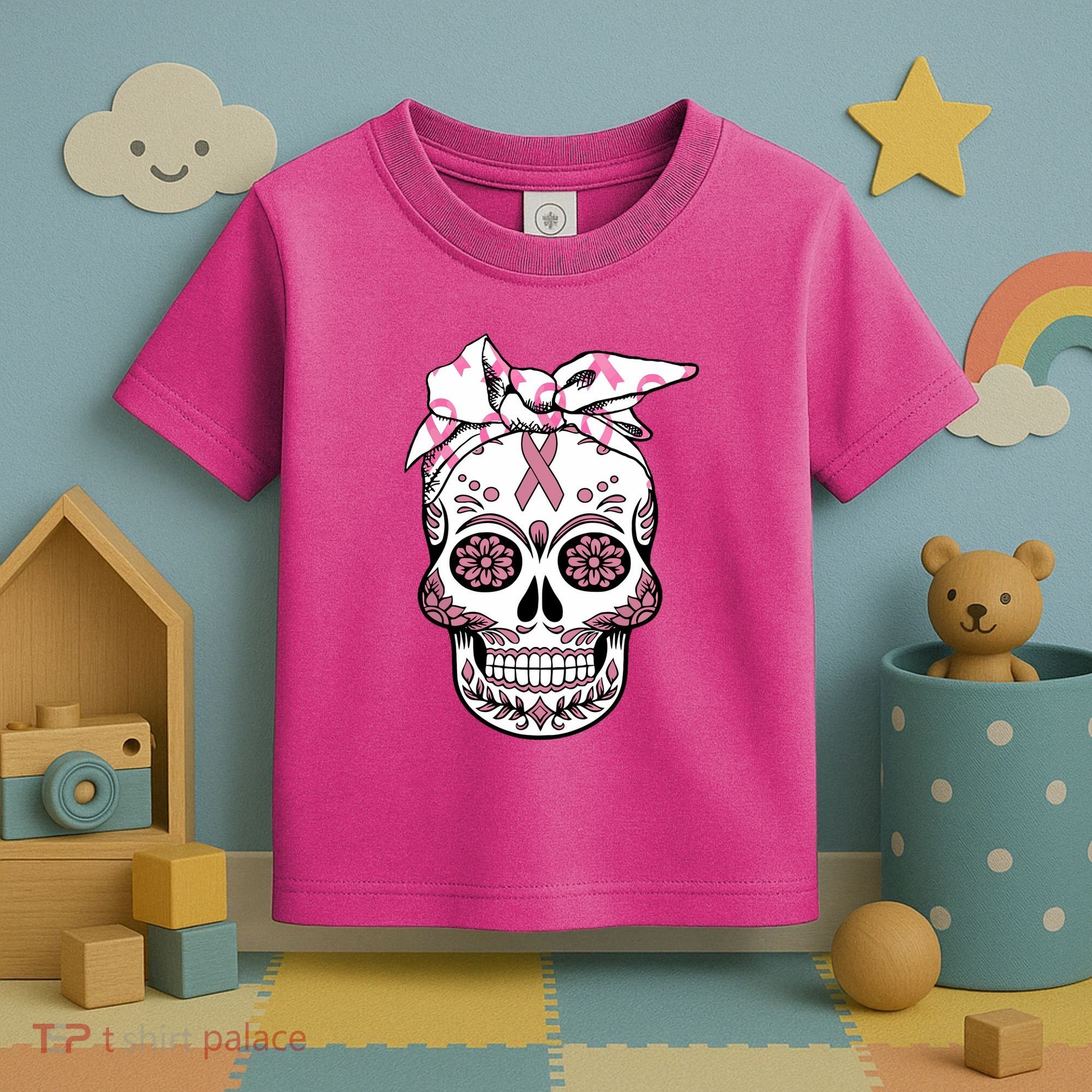 Halloween Breast Cancer Awareness Ribbon Skull Skeleton Toddler T-Shirt