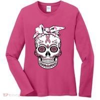 Halloween Breast Cancer Awareness Ribbon Skull Skeleton Women's Long Sleeve Shirt thumb 0