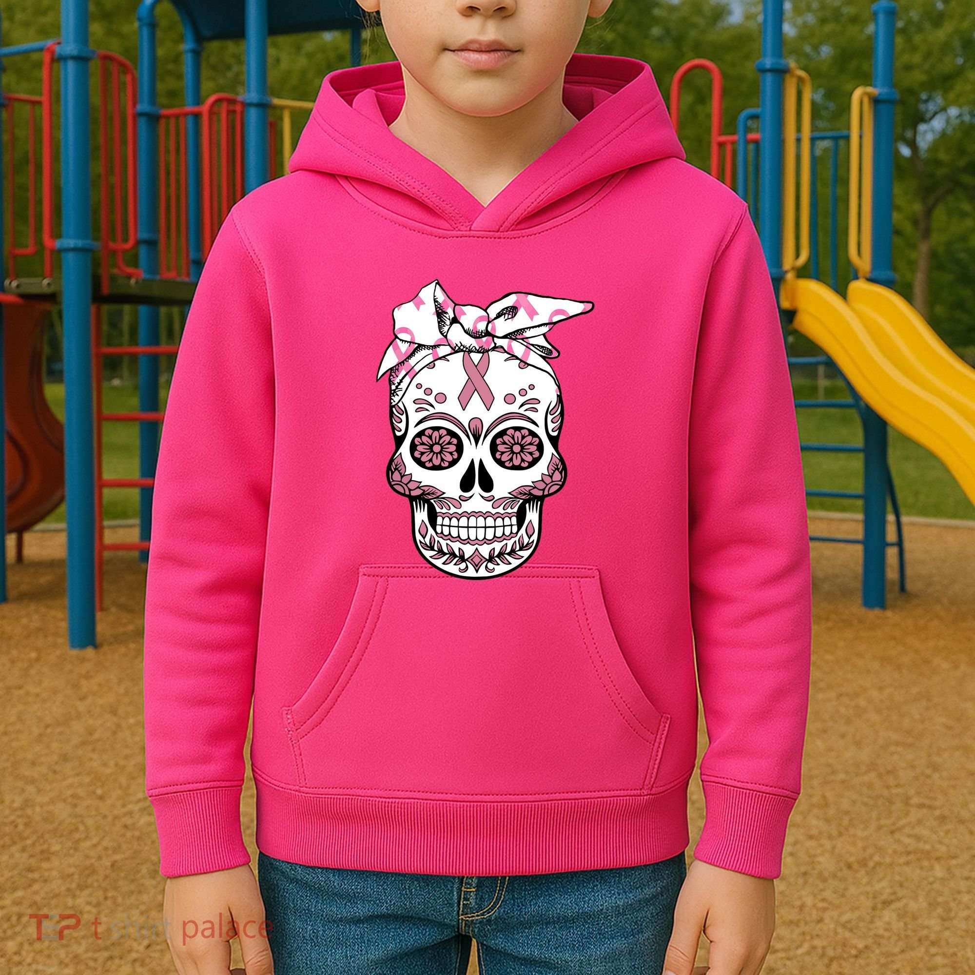 Halloween Breast Cancer Awareness Ribbon Skull Skeleton Kids Hoodie