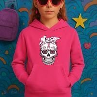 Halloween Breast Cancer Awareness Ribbon Skull Skeleton Kids Hoodie thumb 3