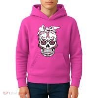 Halloween Breast Cancer Awareness Ribbon Skull Skeleton Kids Hoodie thumb 4