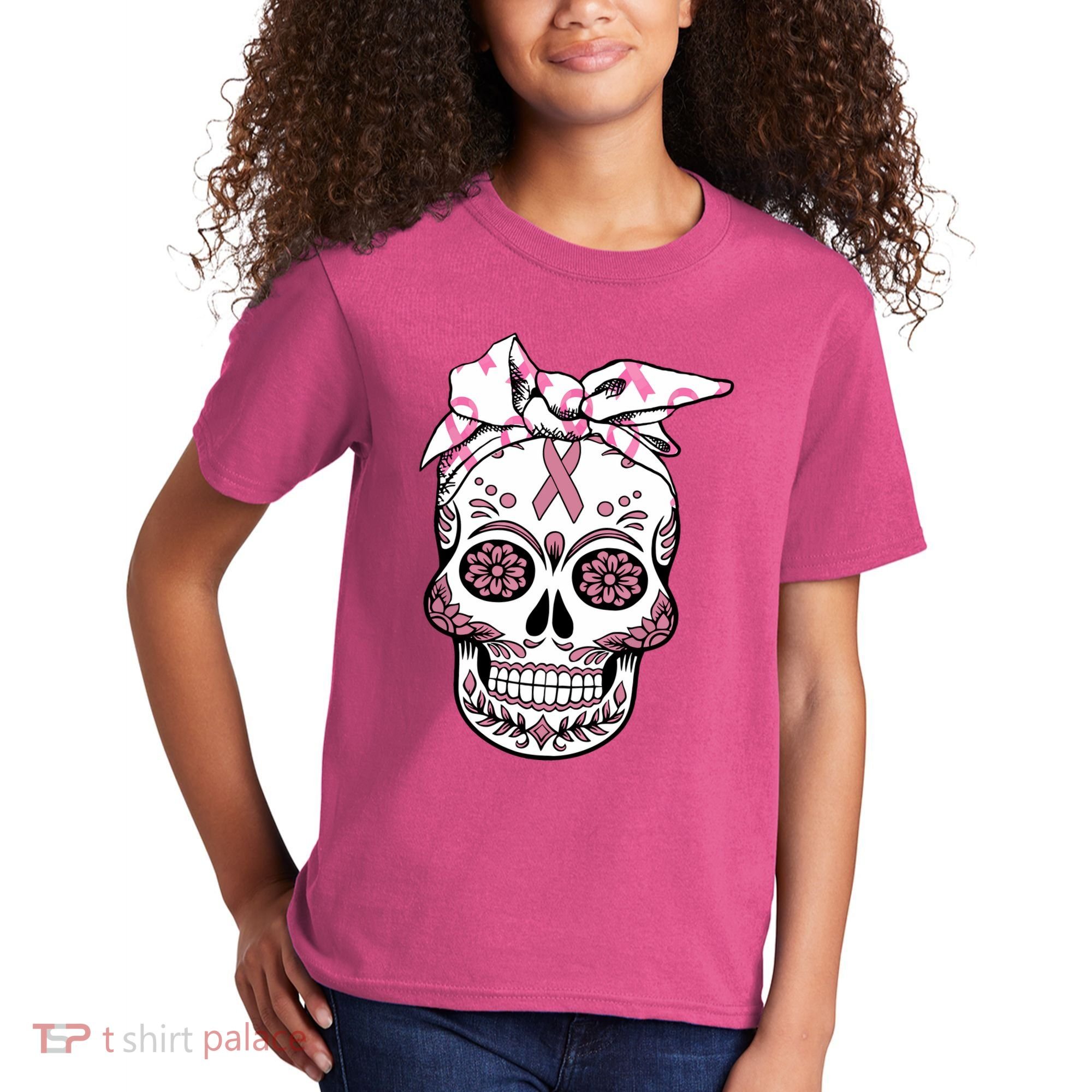 Halloween Breast Cancer Awareness Ribbon Skull Skeleton Kids T-Shirt