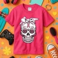 Halloween Breast Cancer Awareness Ribbon Skull Skeleton Kids T-Shirt thumb 3