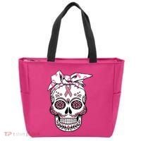 Halloween Breast Cancer Awareness Ribbon Skull Skeleton Tote Bag thumb 0
