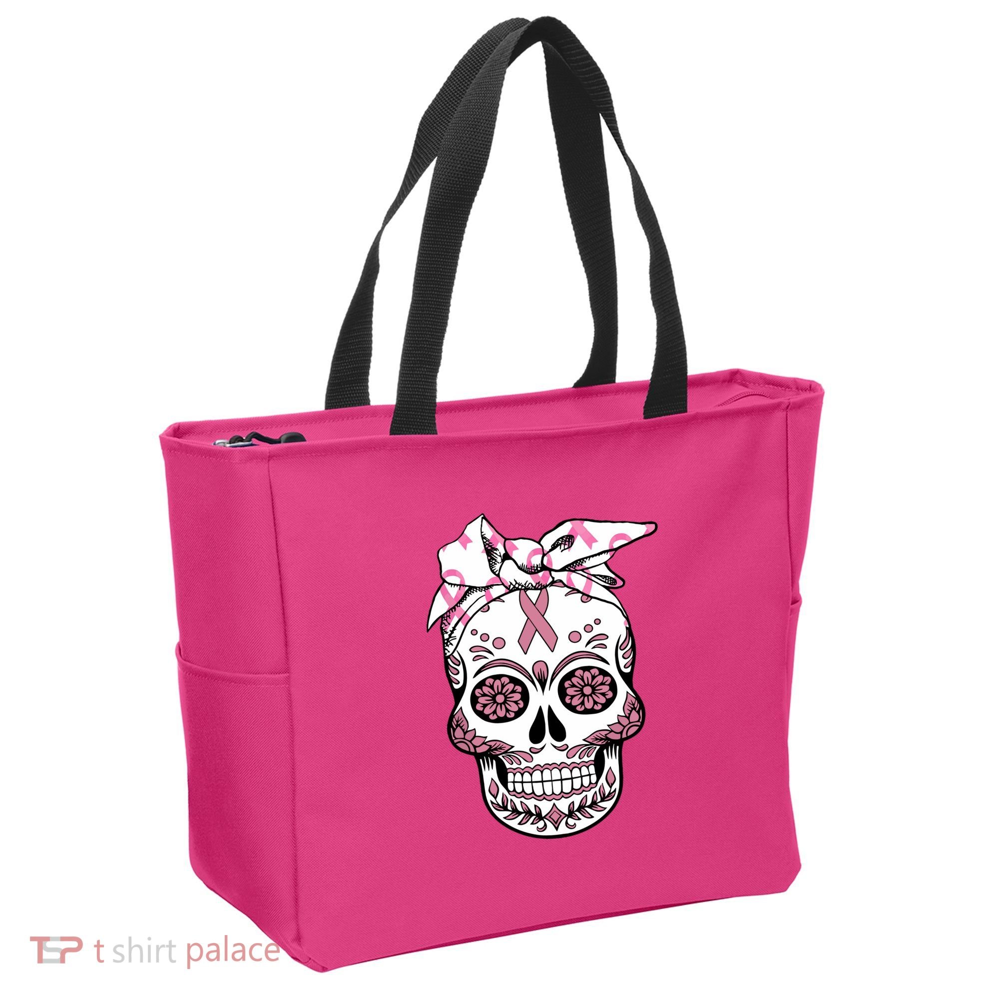 Halloween Breast Cancer Awareness Ribbon Skull Skeleton Tote Bag