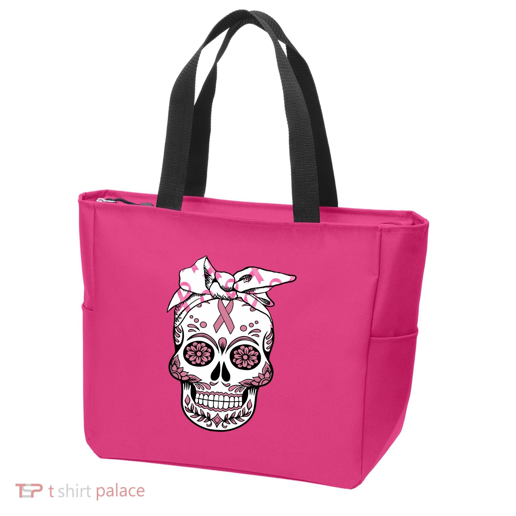 Halloween Breast Cancer Awareness Ribbon Skull Skeleton Tote Bag