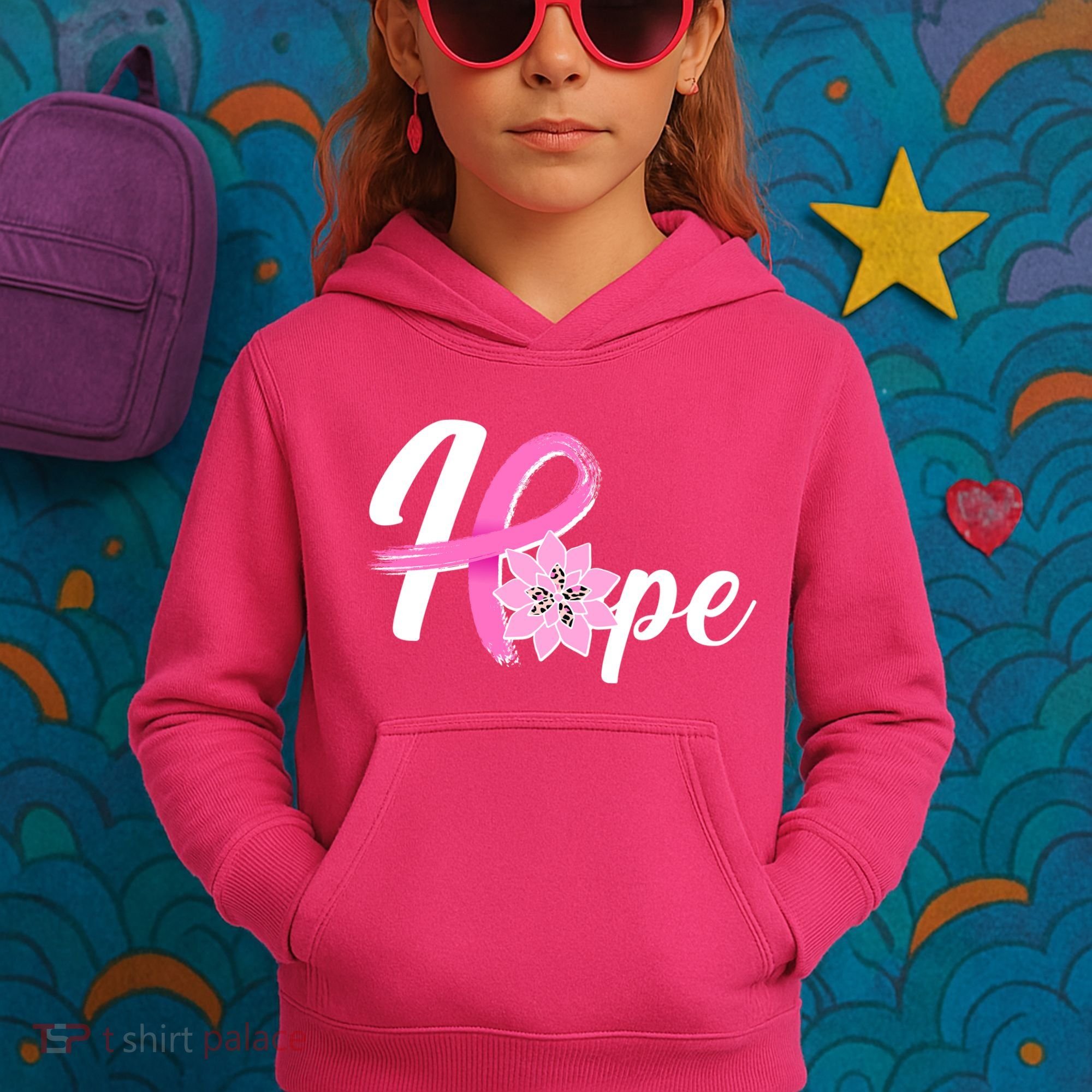 Hope Breast Cancer Awareness Ribbon Flower Kids Hoodie