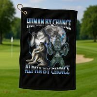 Human By Chance Alpha By Choice Cool Weird Alpha Wolf Meme Gift Golf Towel thumb 1