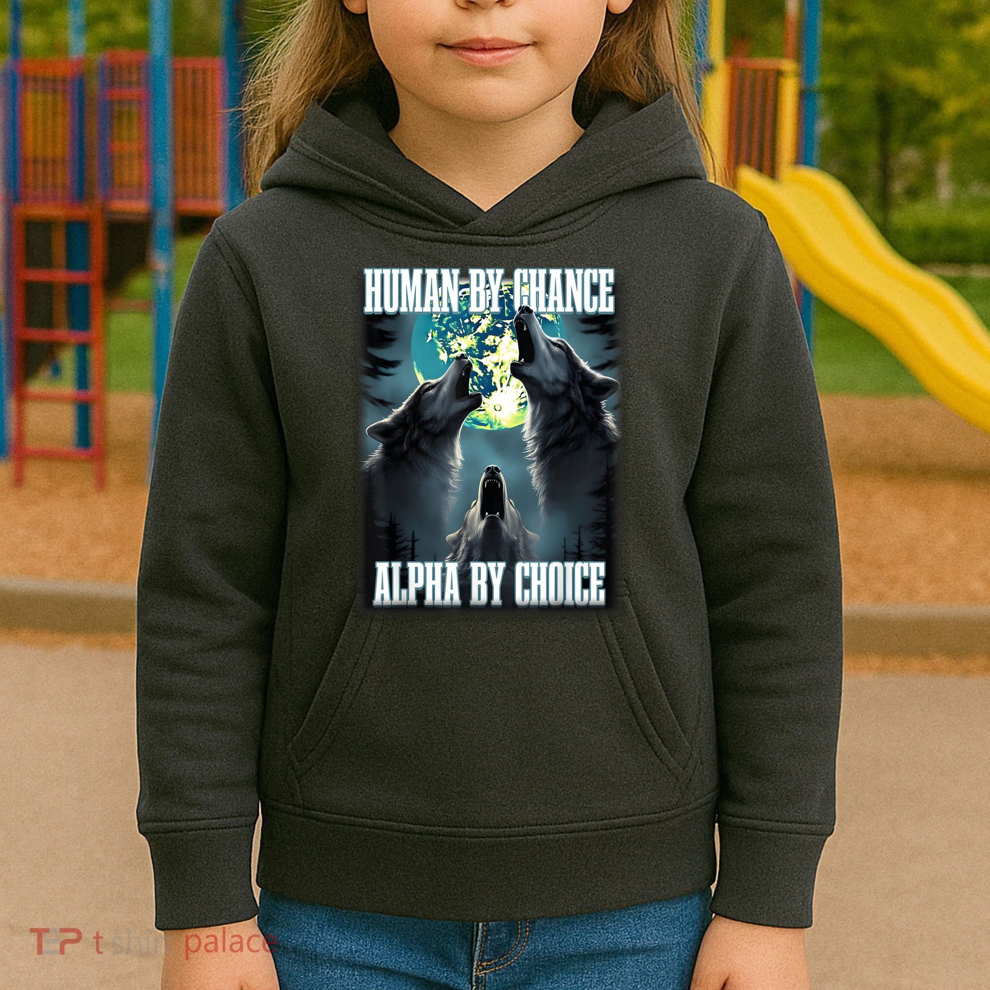 Human By Chance Alpha By Choice Funny Alpha Wolf Meme Kids Hoodie