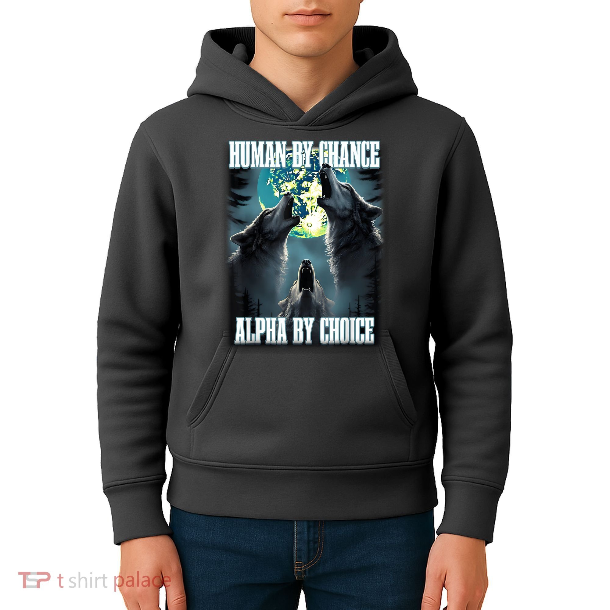 Human By Chance Alpha By Choice Funny Alpha Wolf Meme Kids Hoodie