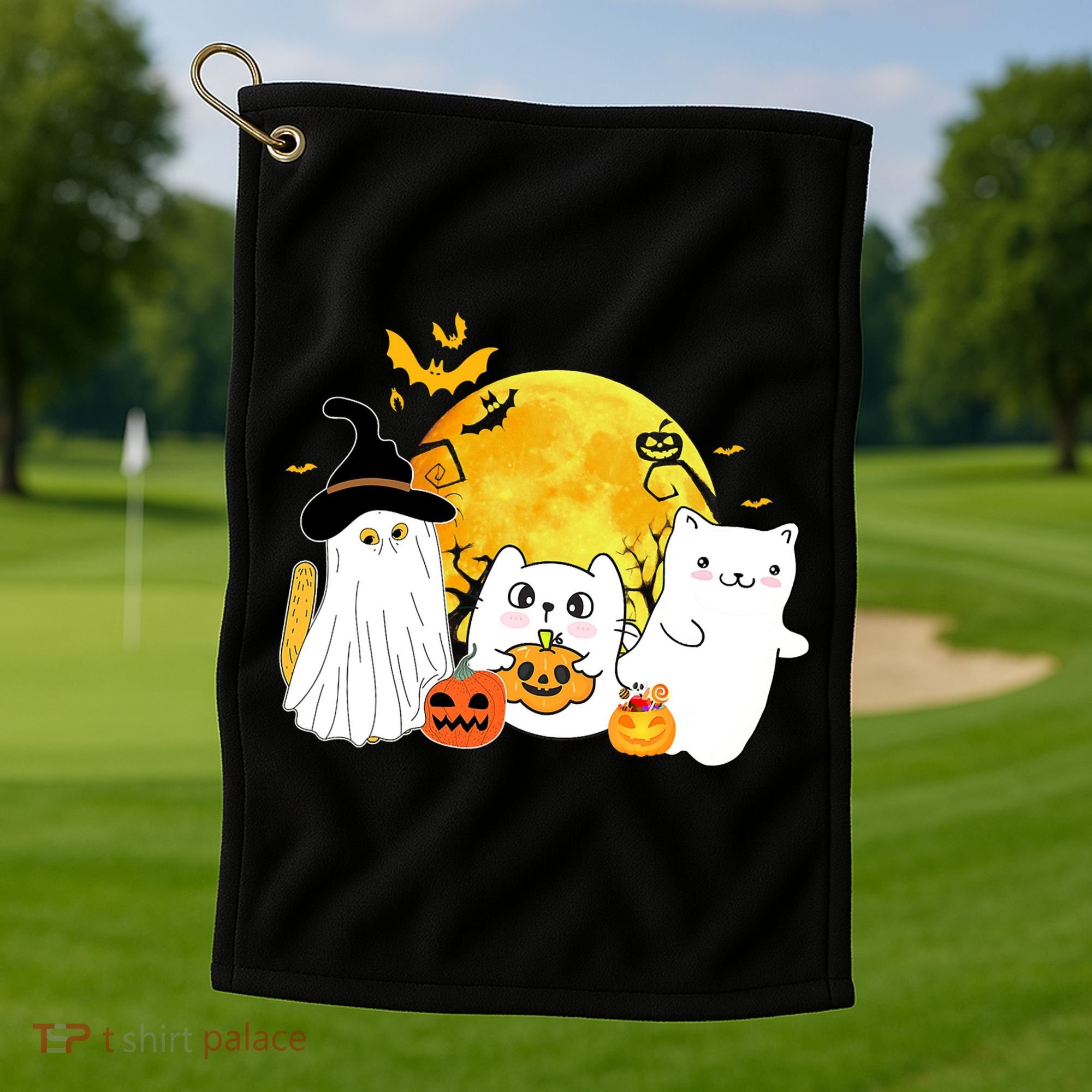 Halloween Black Cats In Ghost Costume Cute Golf Towel