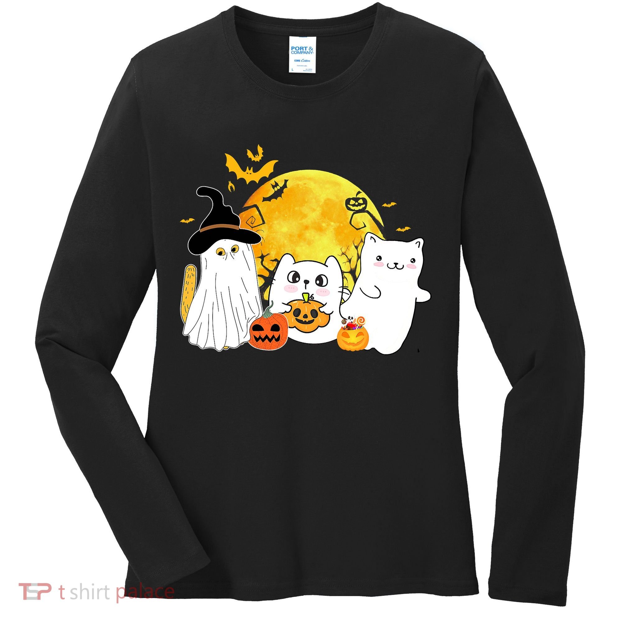 Halloween Black Cats In Ghost Costume Cute Women's Long Sleeve Shirt