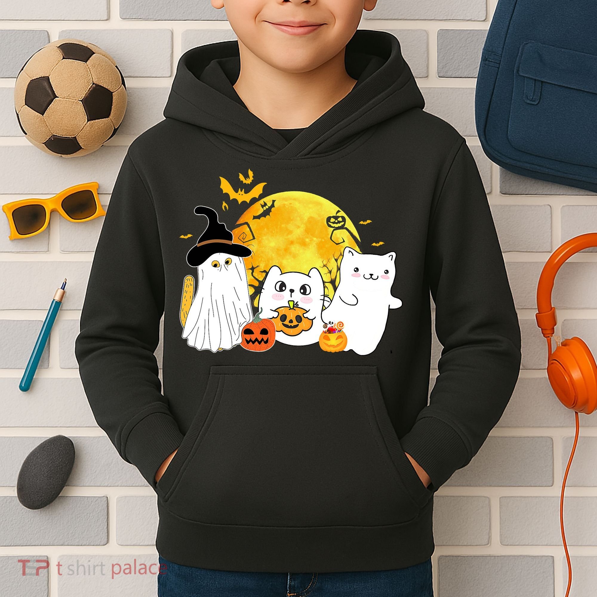 Halloween Black Cats In Ghost Costume Cute Kids Hoodie