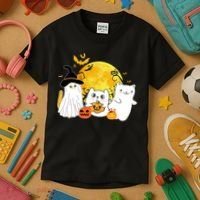 Halloween Black Cats In Ghost Costume Cute Kids T-Shirt thumb 3
