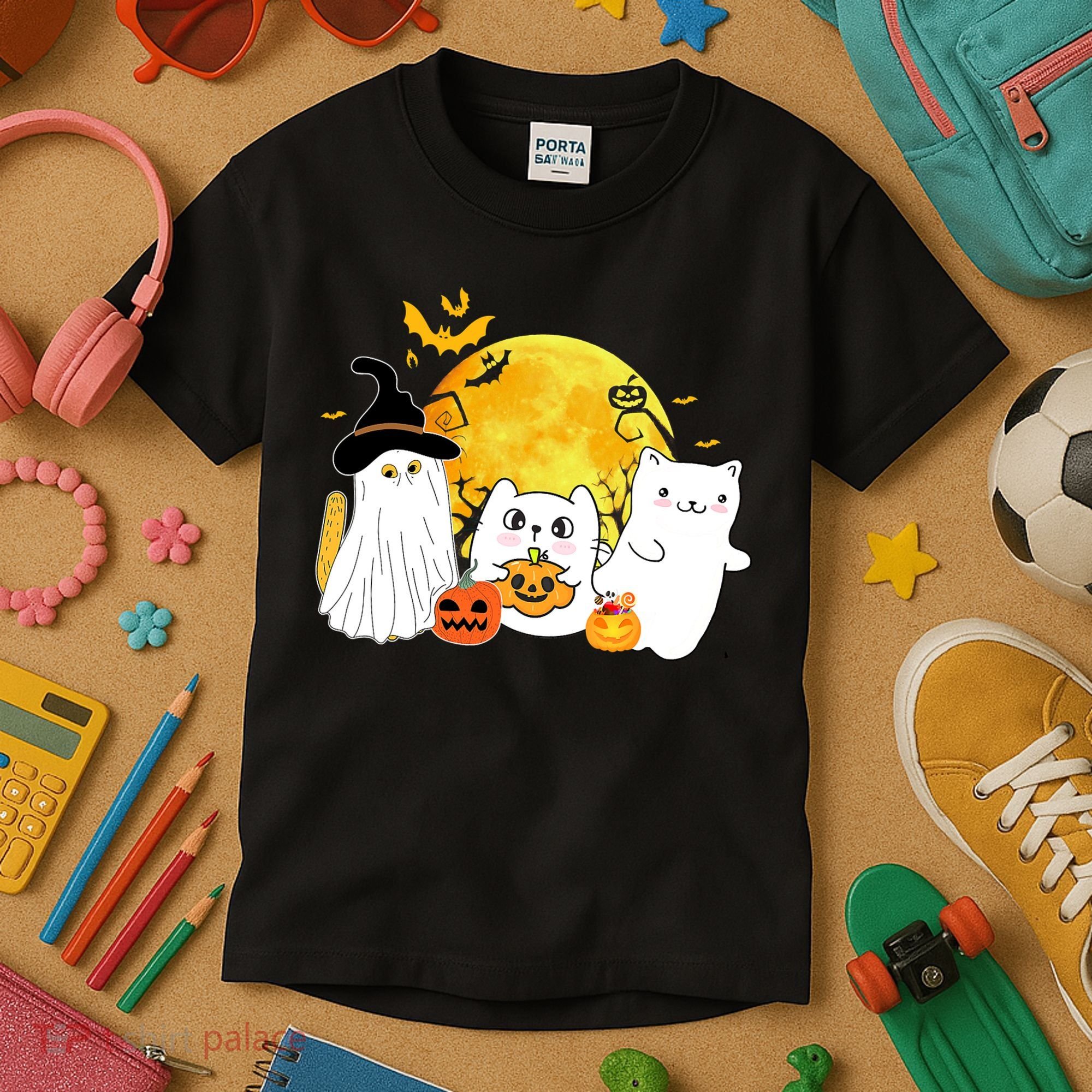 Halloween Black Cats In Ghost Costume Cute Kids T-Shirt