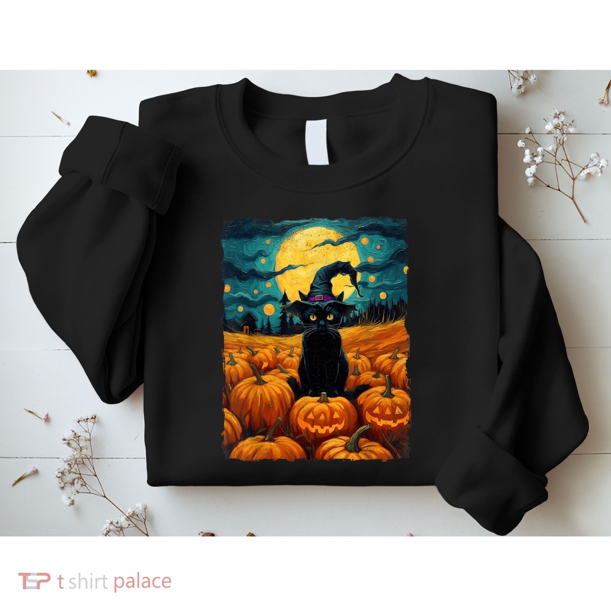 Halloween Black Cat Van Gogh Witch Kawaii Pumpkin Sweatshirt