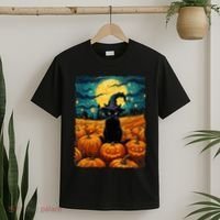 Halloween Black Cat Van Gogh Witch Kawaii Pumpkin T-Shirt thumb 2