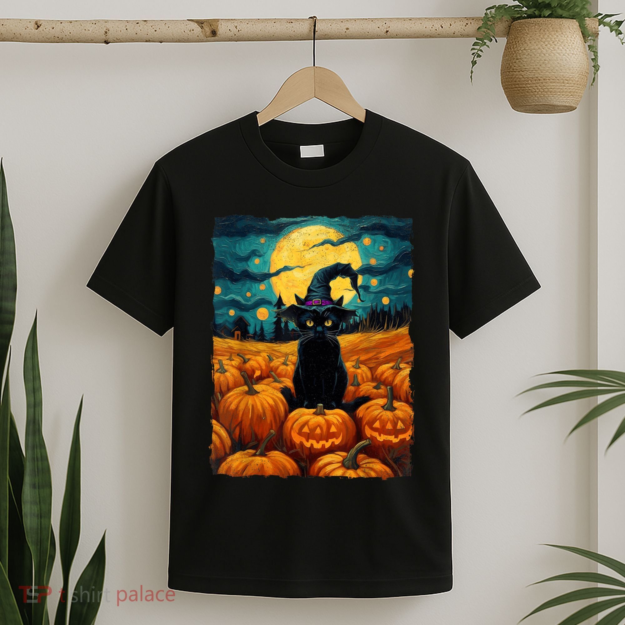 Halloween Black Cat Van Gogh Witch Kawaii Pumpkin T-Shirt