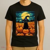Halloween Black Cat Van Gogh Witch Kawaii Pumpkin T-Shirt thumb 3