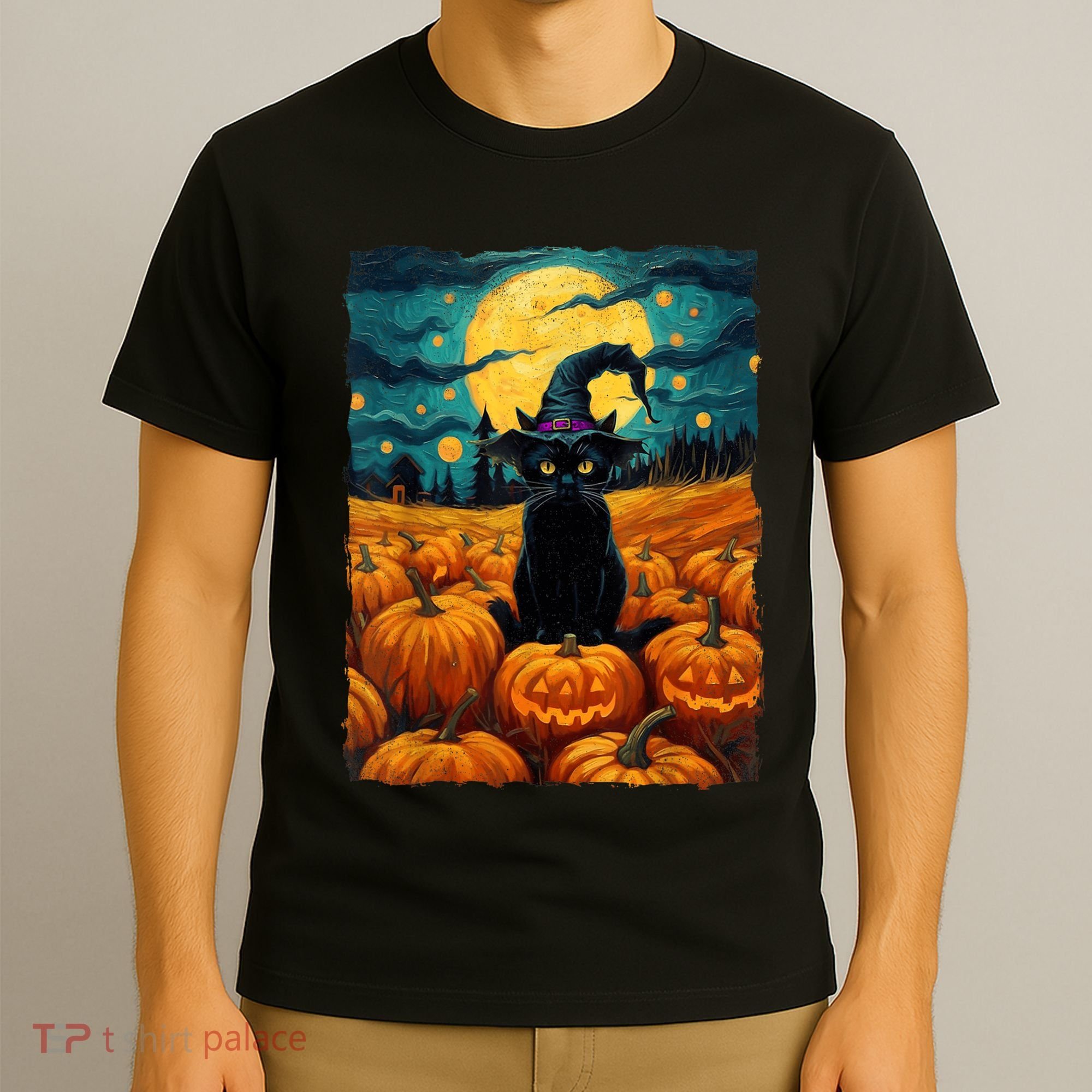 Halloween Black Cat Van Gogh Witch Kawaii Pumpkin T-Shirt