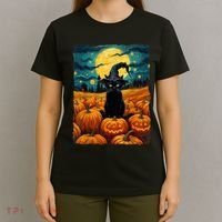 Halloween Black Cat Van Gogh Witch Kawaii Pumpkin T-Shirt thumb 4