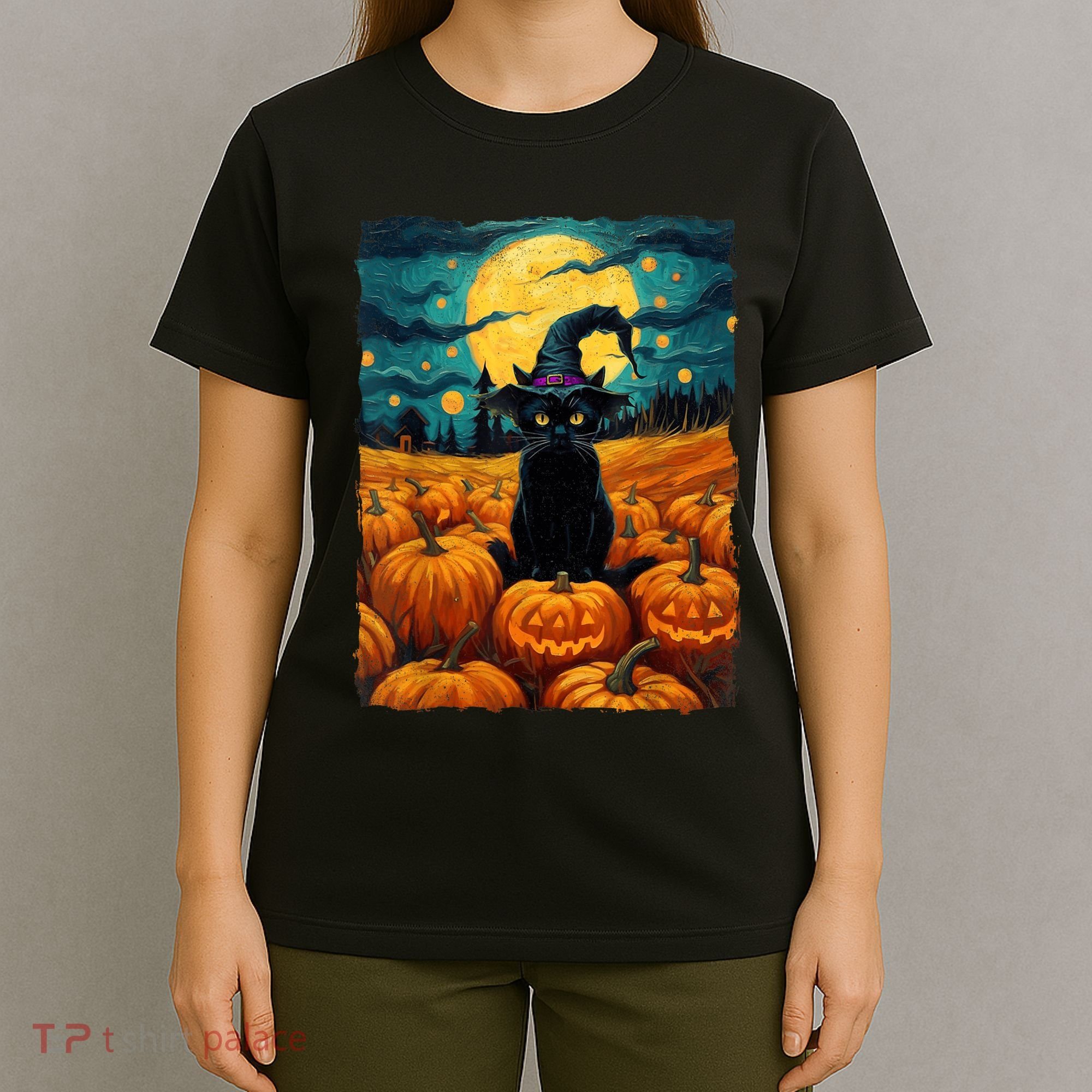 Halloween Black Cat Van Gogh Witch Kawaii Pumpkin T-Shirt