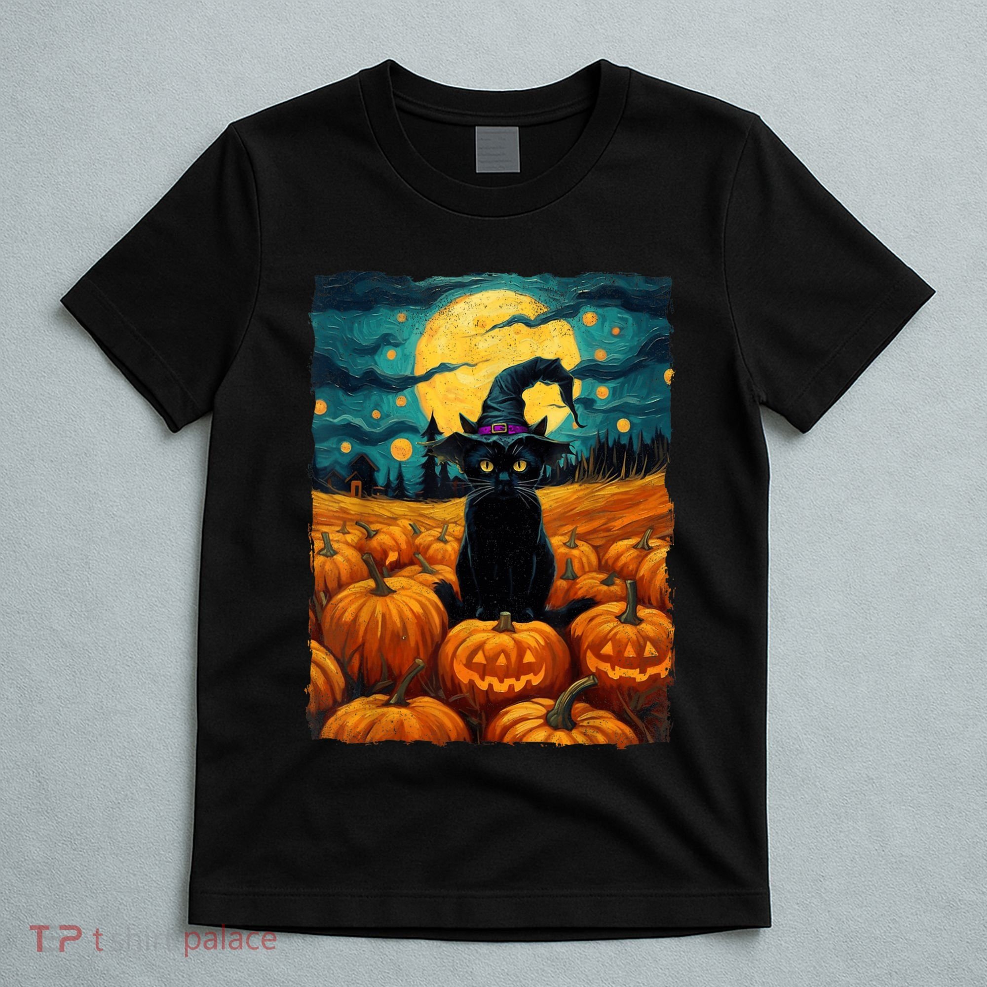 Halloween Black Cat Van Gogh Witch Kawaii Pumpkin T-Shirt