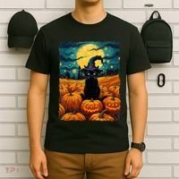 Halloween Black Cat Van Gogh Witch Kawaii Pumpkin T-Shirt thumb 6