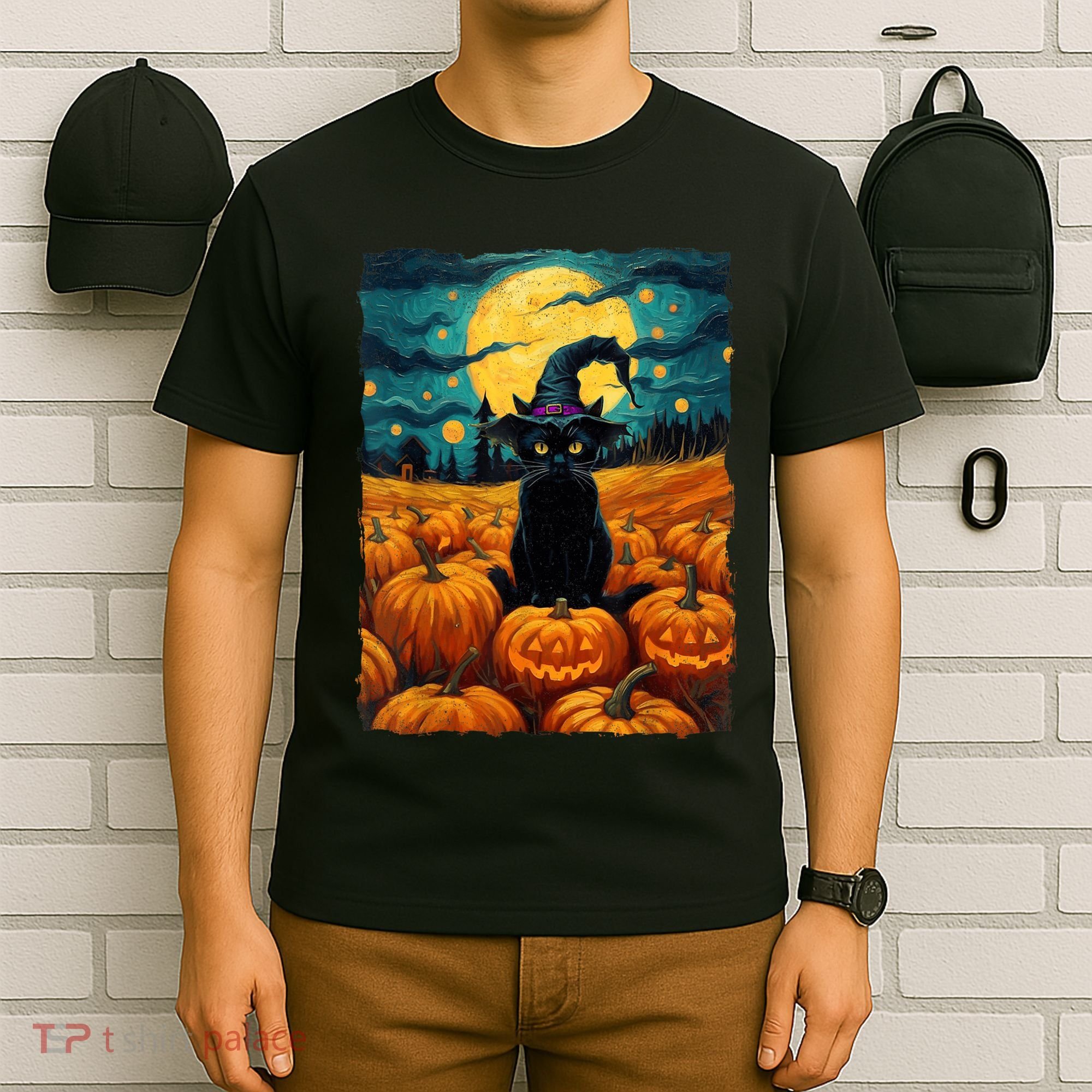 Halloween Black Cat Van Gogh Witch Kawaii Pumpkin T-Shirt