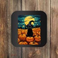 Halloween Black Cat Van Gogh Witch Kawaii Pumpkin Coaster thumb 0