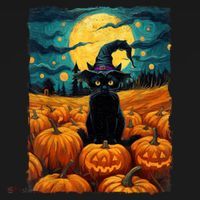 Halloween Black Cat Van Gogh Witch Kawaii Pumpkin Women's Hoodie thumb 2