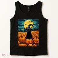 Halloween Black Cat Van Gogh Witch Kawaii Pumpkin Tank Top thumb 2