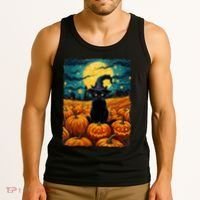 Halloween Black Cat Van Gogh Witch Kawaii Pumpkin Tank Top thumb 3