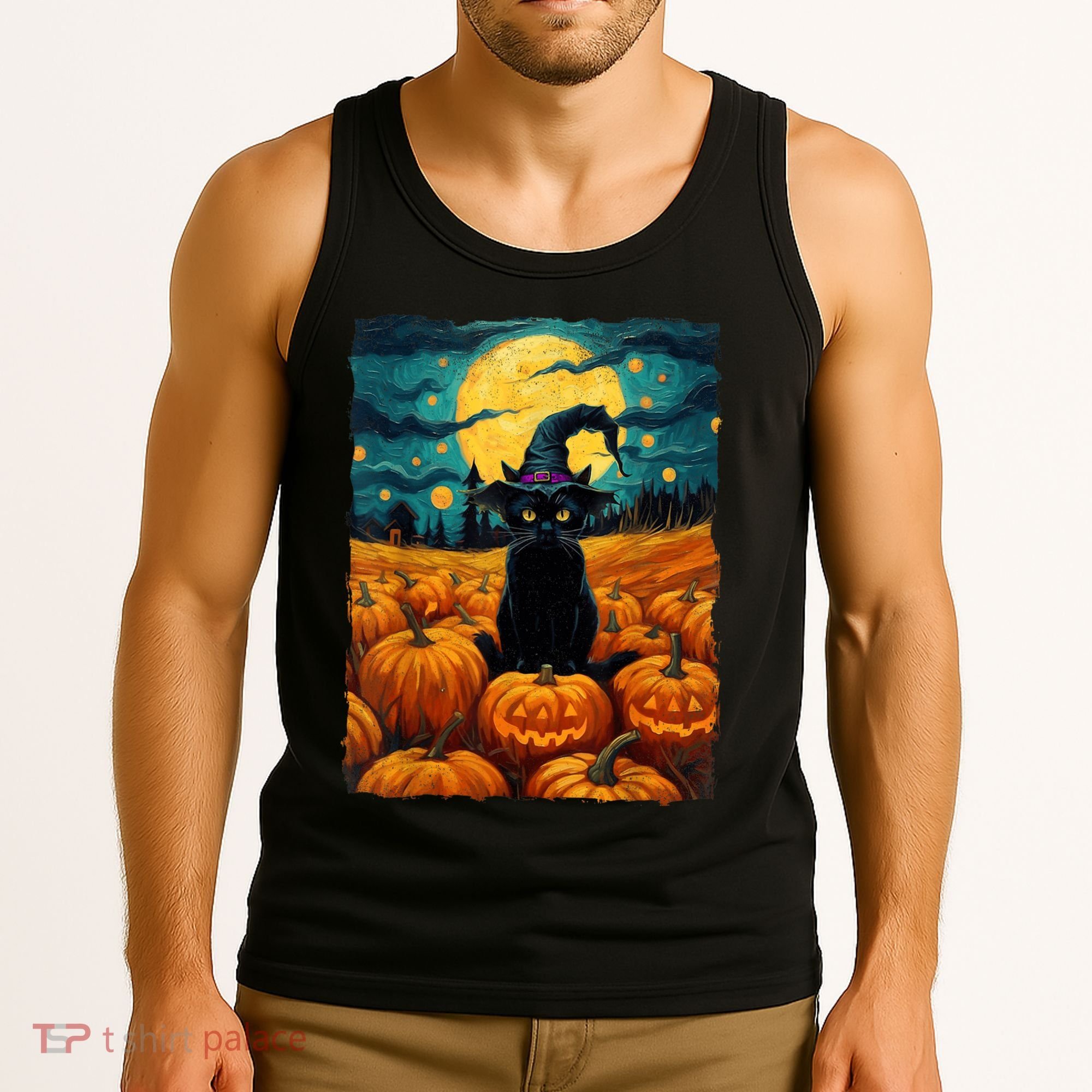 Halloween Black Cat Van Gogh Witch Kawaii Pumpkin Tank Top