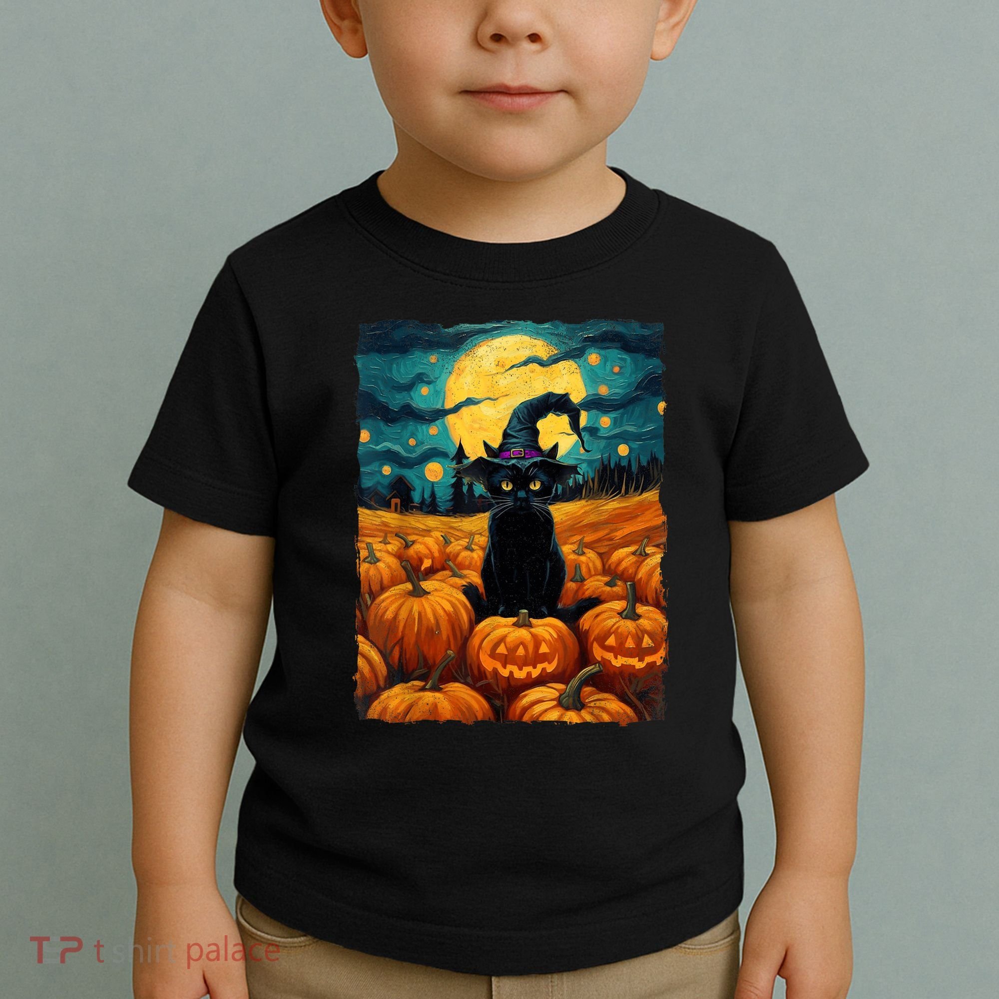 Halloween Black Cat Van Gogh Witch Kawaii Pumpkin Toddler T-Shirt