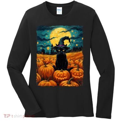 Halloween Black Cat Van Gogh Witch Kawaii Pumpkin Women's Long Sleeve Shirt