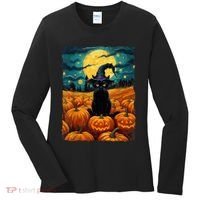 Halloween Black Cat Van Gogh Witch Kawaii Pumpkin Women's Long Sleeve Shirt thumb 0