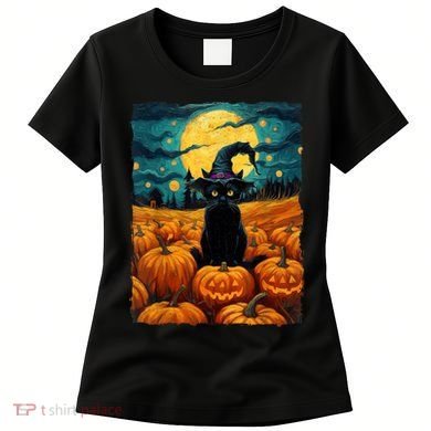 Halloween Black Cat Van Gogh Witch Kawaii Pumpkin Women's T-Shirt